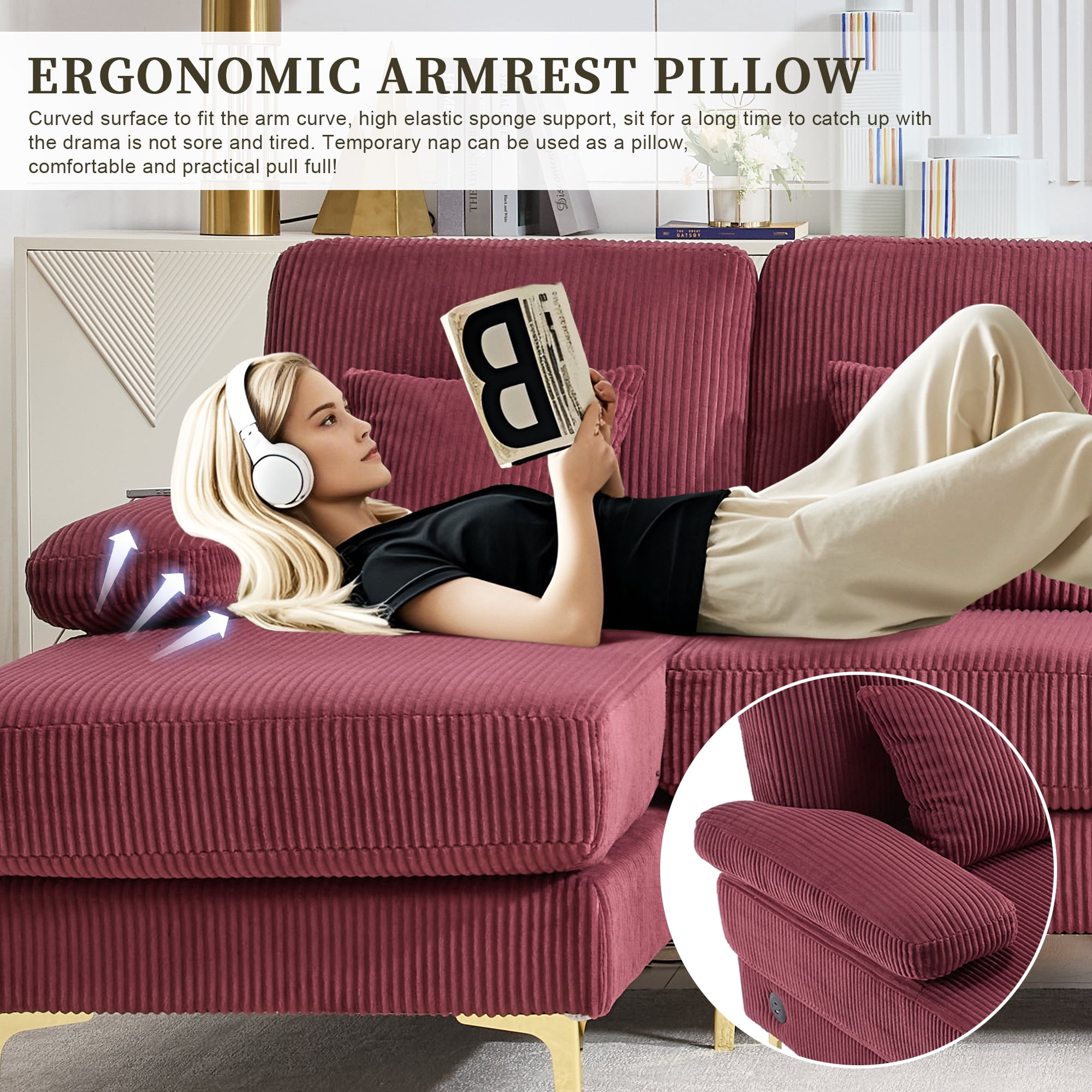 MOONMISS Corduroy Upholstered U-shaped Adjustable Light Modular Sectional Sofa With Type-C and USB ports-Wine Red