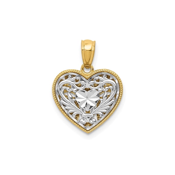 14k Two-Tone Gold Heart Pendant Charm, Filigree Diamond-Cut Polished