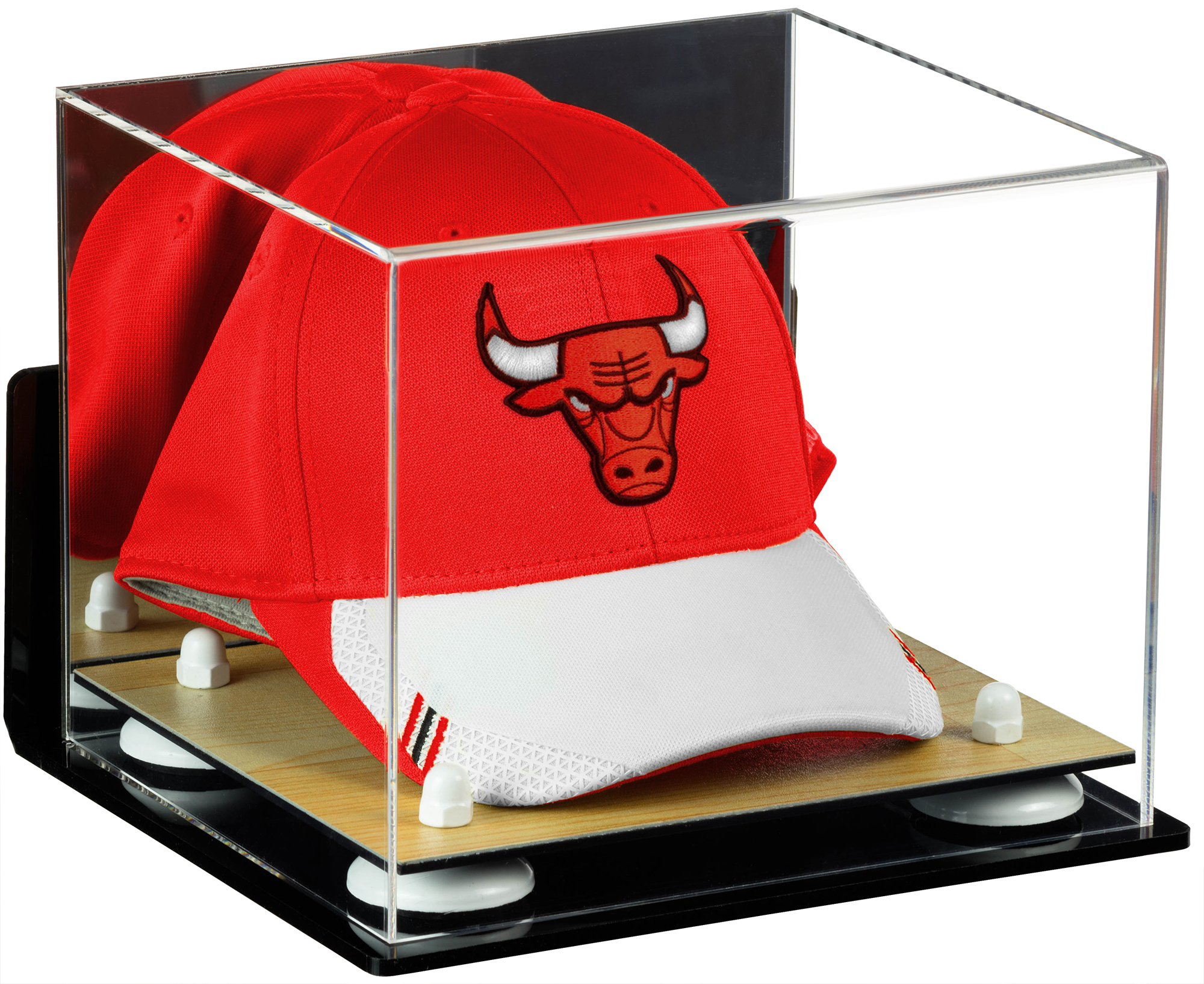 Deluxe Acrylic Basketball Hat or Cap Display Case with Mirror, Wall Mount, White Risers and Wood
