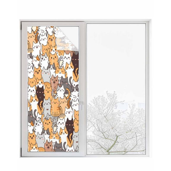 Window Privacy Film Cartoon Cat Stained Glass Window Film Decorative Sun Block Window Cover Modern Funny Cute Orange Gray Animals Window Clings Static Adhesive Sticker for Bathroom 23.6"x59"