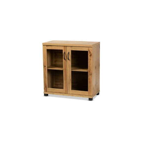 Modern Wood Storage Cabinet - 2 Door Display Cabinet with Glass & Oak Brown Finish
