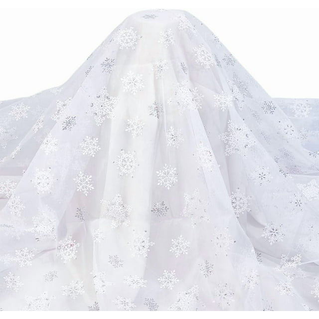 Tela de tul blanco con copos de nieve de 2,2 yardas, de organza transparente de 59 a 63 pulgadas con patrón de copos de nieve de terciopelo.