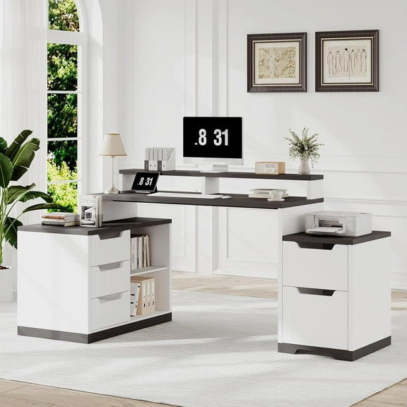 DreamCurship L Shaped White Desk with Drawers & Storage Shelf, 67 inch Corner Computer Desk with Monitor Stand, Home Office Desk with Cabinet, L Shaped Executive Desk, White