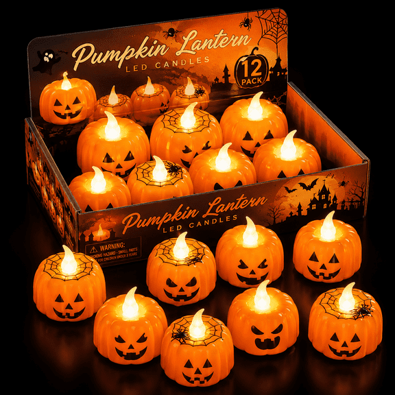 12 Pack Halloween Pumpkin Candles with Timer, Flameless LED Tea Lights, Battery Operated Flickering Votive Decor for Indoor Parties
