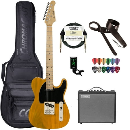 Sawtooth ET Series Electric Guitar Travel Bundle with Portable 10-Watt Amp, ChromaCast Pro Series Bag, Cable, Tuner & Picks; Butterscotch