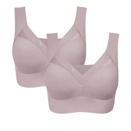 YEJIMAN Pack of 2 New Posture Correcting Bra Wireless Bra Breathable Comfortable Full Back Cover Plus Size Bra  Pink Plus Size Underwear For Women  Nylon Spandex Womens Underwear