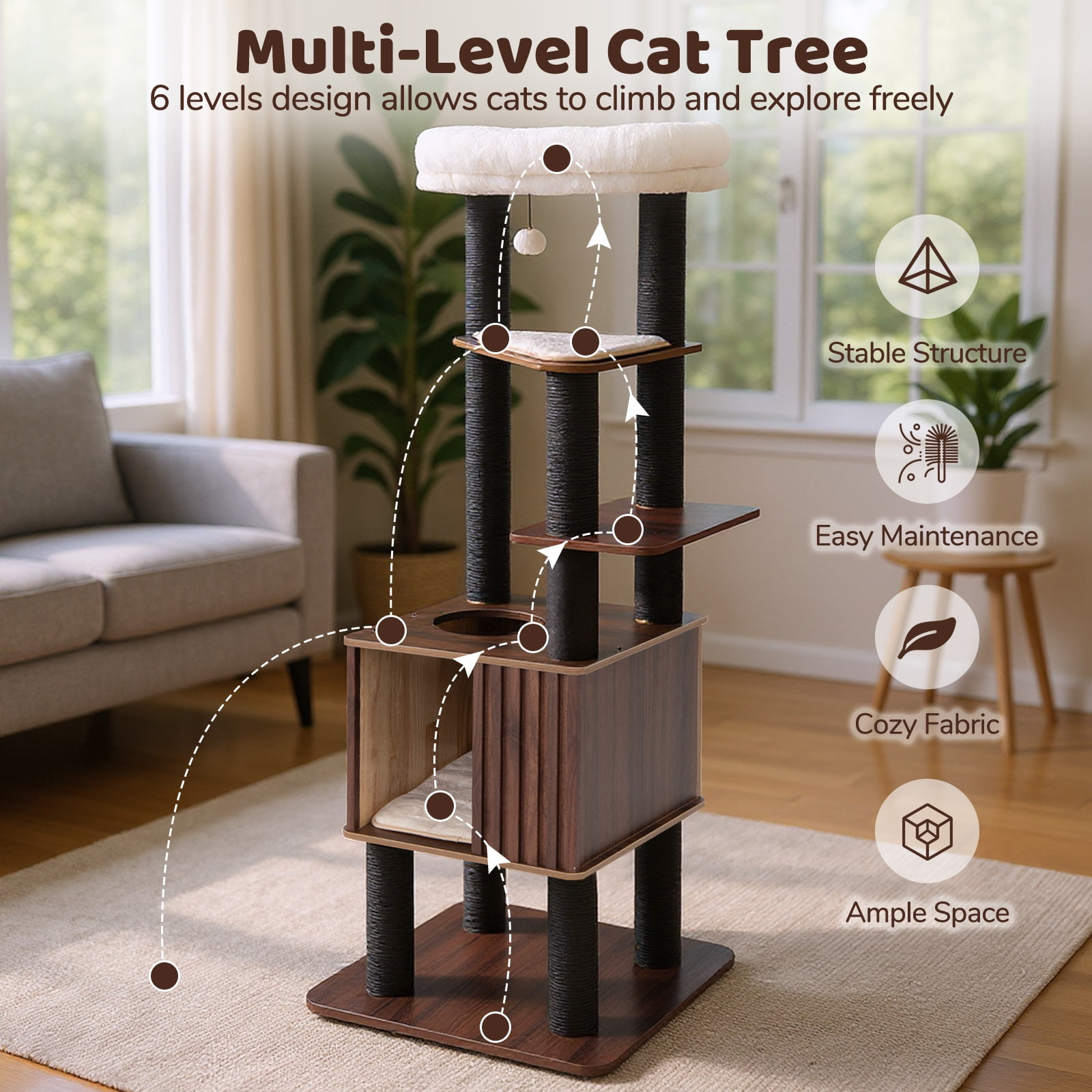 Gymax 64'' Tall Cat Tree for Indoor Cat Wooden Cat Tower Top Perch w/ Soft Padding Large Fence Style Cat Condo