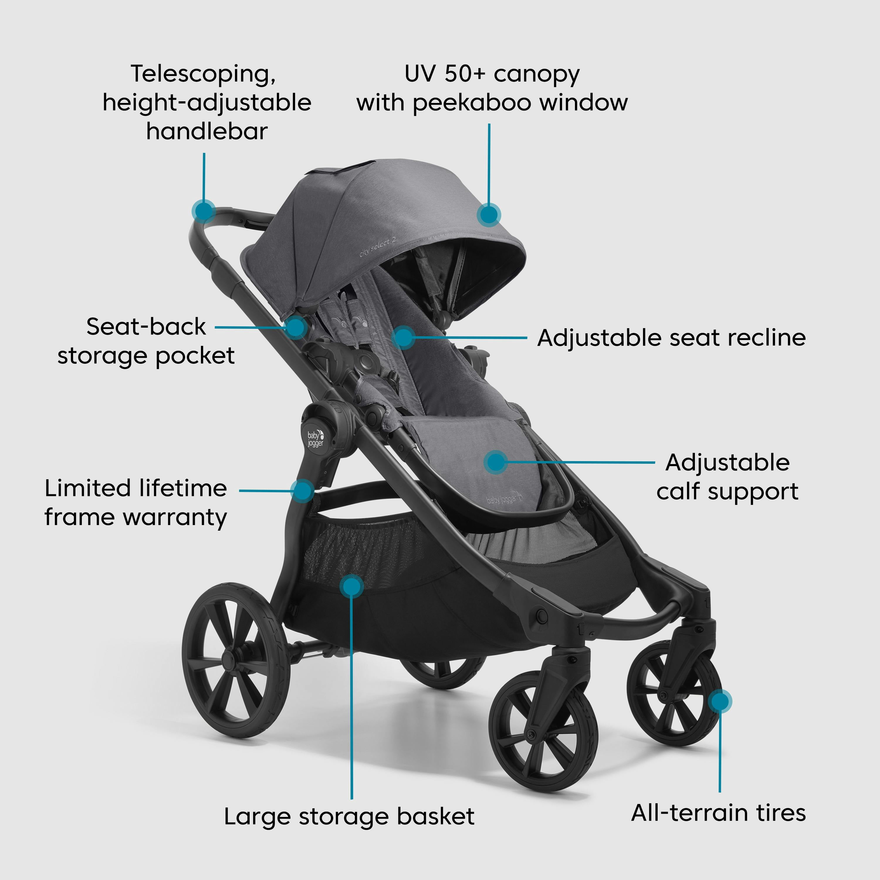 Baby Jogger City Select 2 Single-to-Double Modular Travel System, Radiant Slate