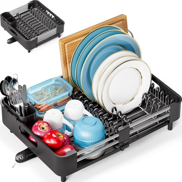 Urackify Extendable Dish Drying Rack, Dual Part Dish Drainers with Non-Scratch and Movable Cutlery Drainer and Drainage Spout, Adjustable Dish Rack f
