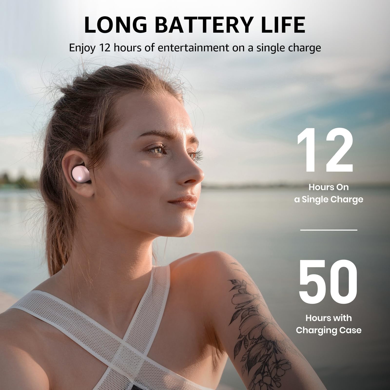 TOZO T6 Earbuds Wireless Bluetooth Ear Buds, 50H, AI Chat/Translation/Clear Mics, Stereo Bass, Wireless Charging, App-32EQ, IPX8 Waterproof Headphones, Rose Gold thumbnail 6