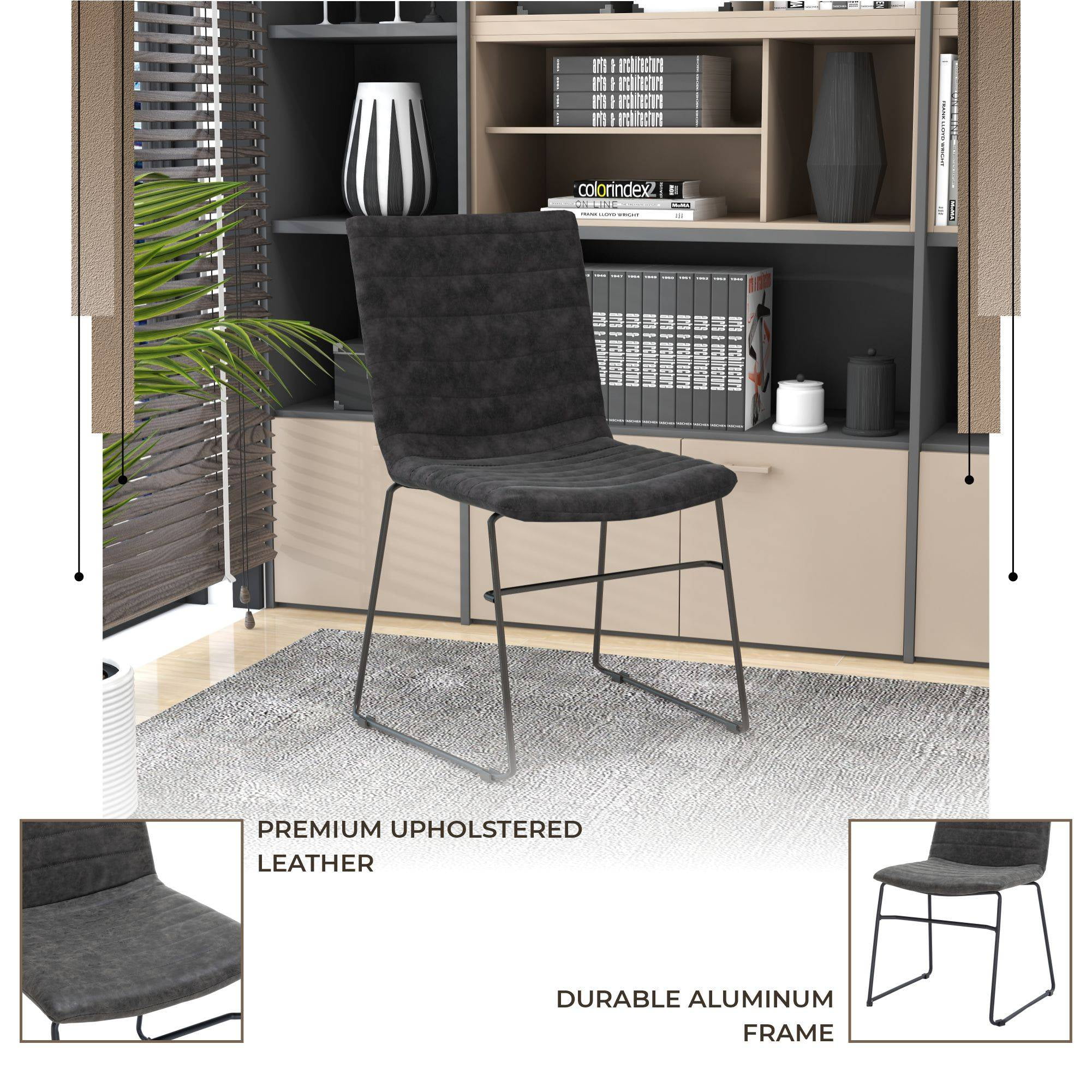 LeisureMod Ergonomic Office Chair Upholstered Leather Guest Side Chair Padded Seat and Back Desk Chair with Powder-Coated Stainless Steel Base Zylar Collection in Charcoal