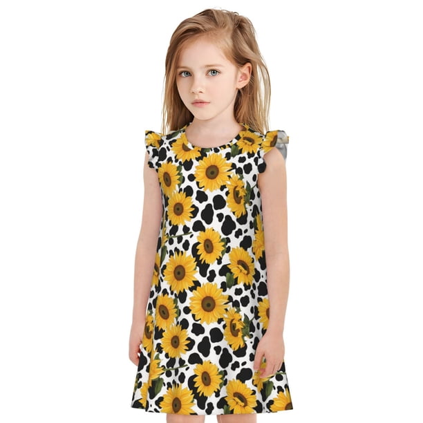 Fotbe Cow Print Sunflower Vestido de Dormir para Niñas de 3 a 10 Años, Mangas Cortas, Estilo Princesa, Pijama Camisón con Mangas Voladas-X-Large