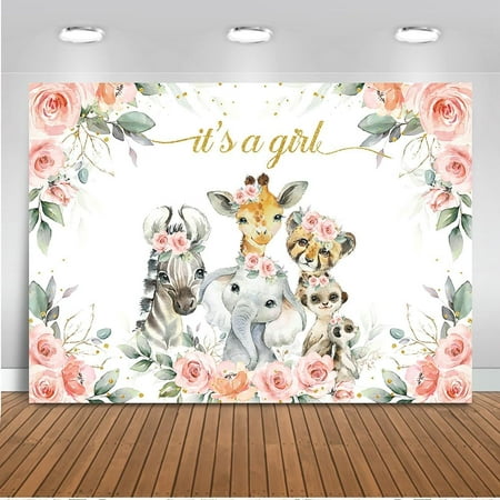 Image of Safari Girl Baby Shower Backdrop - Pink Safari Wild Animals Decorations 7x5ft Banner Photo Props
