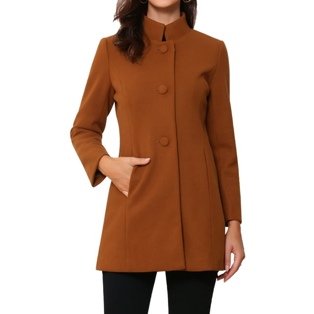 Abrigo de mujer INSPIRE CHIC de longitud media, con cuello alto, de un solo botón, abrigo de invierno, color marrón claro y rojo, talla XL