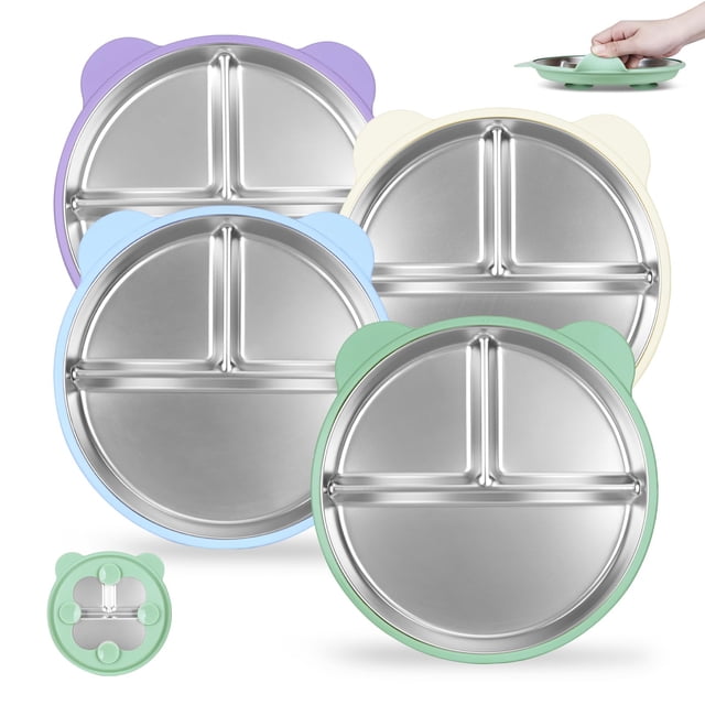 Platos para Bebé de Acero Inoxidable BLUBLD con Succión 23 cm Paquete de 4