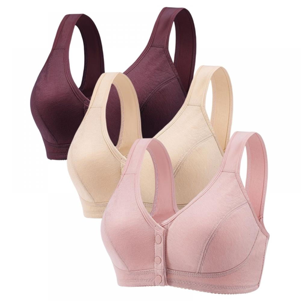 3Pack Middle-Aged Elder Woman Wirefree Bra Front Button Closeure Soft  Cotton Bra for Mom Grandma Gift Bra 