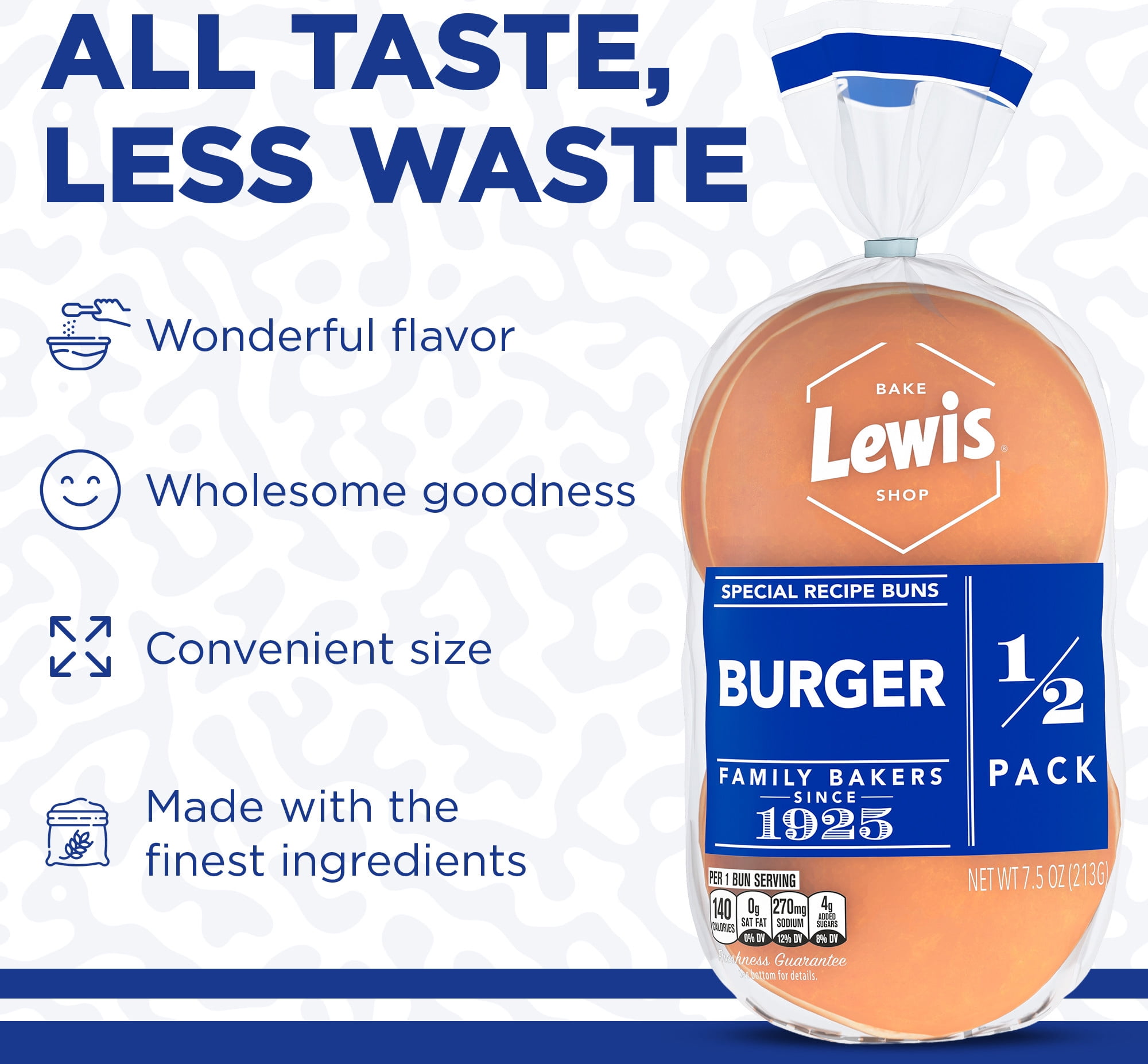 Lewis Bake Shop White Half Pack Burger Buns, 7.5 oz, 4 Count