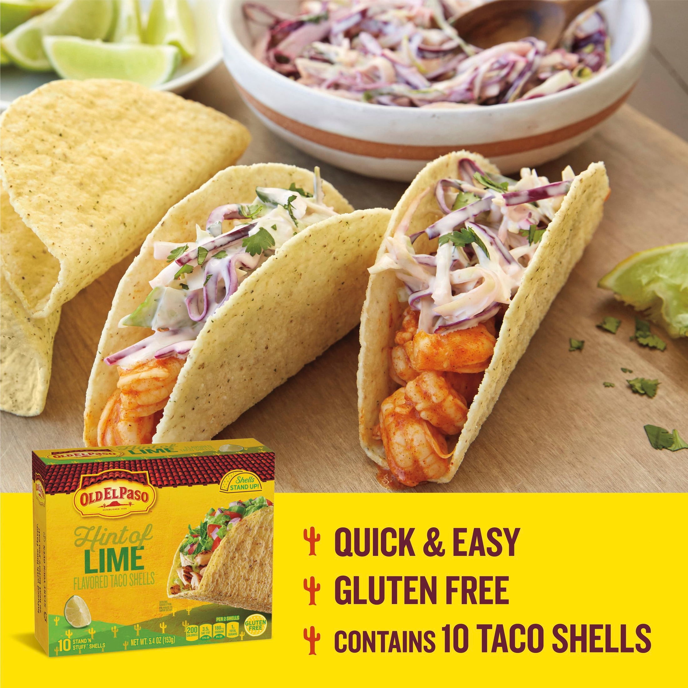 (2 pack) Old El Paso Stand 'N Stuff Taco Shells, Hint of Lime Flavored, Gluten Free, 10 Count, 5.4 oz