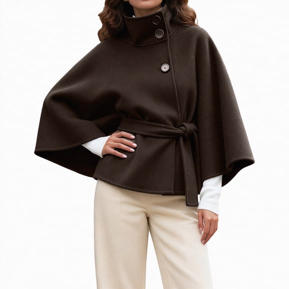 mgoYE Women's Batwing Sleeve Poncho Coat Oversized Winter Pea Coat Stand Collar Cropped Cape Jacket with Belt(Coffee,2XL)