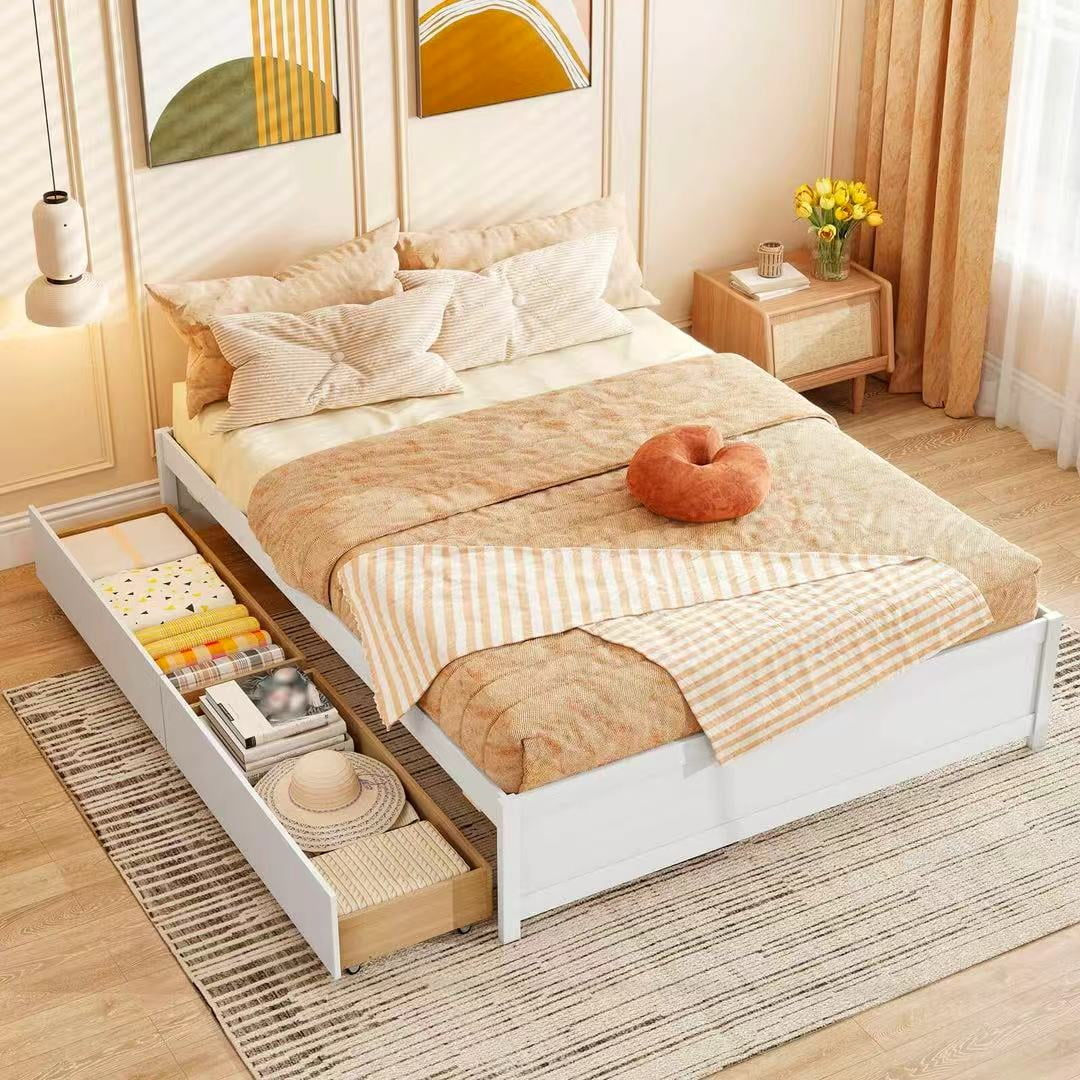Auranook Queen Size Wooden Bed Frame w/2 Rolling Storage Drawers Wood Slat Support