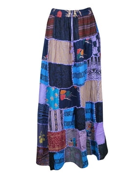 Mogul Women Maxi Patchwork Skirt, Summer, Beachy, Blue Purple Vintage Indi Boho Handmade A-Line Long Skirts S/M