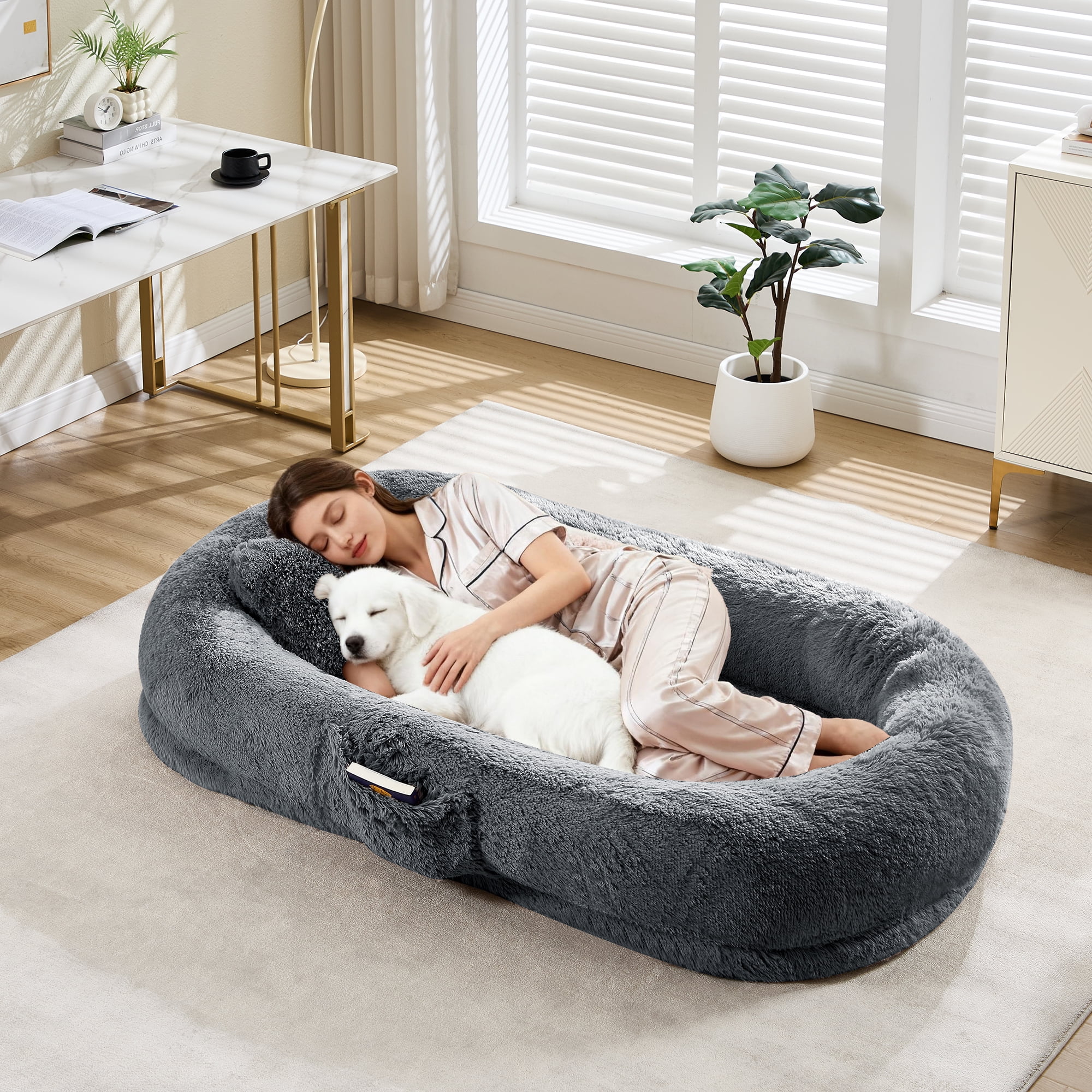 Human Size Dog Bed for People and Pets, 67×43×8 inch Orthopedic Foam Lounger with Removable Washable Faux Fur Cover, Raised Bolster, Side Pocket and Portable Strap, No Assembly Required, Cozy Floor B