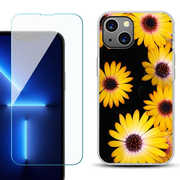 OneToughShield ® for iPhone 15 Fashion Phone Case, with Tempered Glass Screen Protector - Yellow Flower