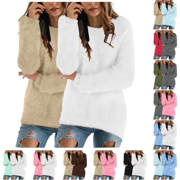 idosla 2 Pack Womens Cute Sweatshirt Warm Long Sleeve Crew Neck Loose Fluffy Fuzzy Jumper Pullovers Tops Cozy Fall Sweaters (Sky Blue, 3XL)
