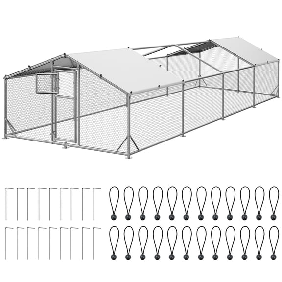 Sylviera Large Walk-in Metal Chicken Coop, 9.8x26.2x6.4ft Outdoor Chicken Run with Galvanized Steel Frame & Waterproof Oxford Fabric Cover for Backyard