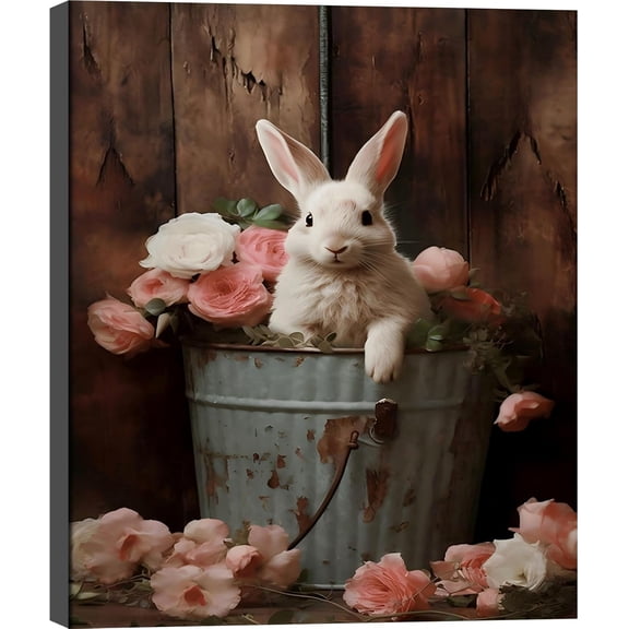 Aaheei Pink Rose Easter Bunny Canvas Wall Art, White Rabbit Poster Print Painting Wall Decor, Vintage Artwork Picture for Living Room,Bedroom, Home Decor