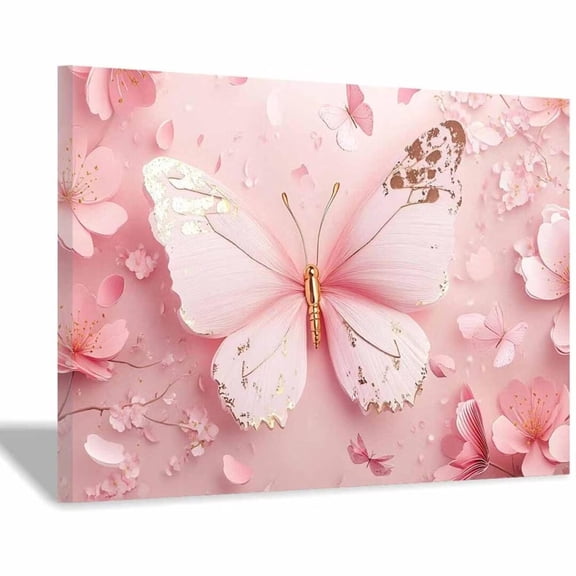 Mudket Cherry Blossom Pink Butterfly with Gold Foil Canvas Wall Art, Floral Wall Decor, Framed Ready to Hang Artwork for Living Room Bedroom - 12"L x 8"W