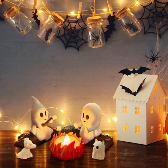 2025 New Ghost Campfire Gathering, Ghost Campfire Flickering Nightlight, Flickering LED Campfire Scene, Cute Ghosts Figurine Set, Cute Ghosts with Cat & Dog Making Smores, Funny Halloween Decor