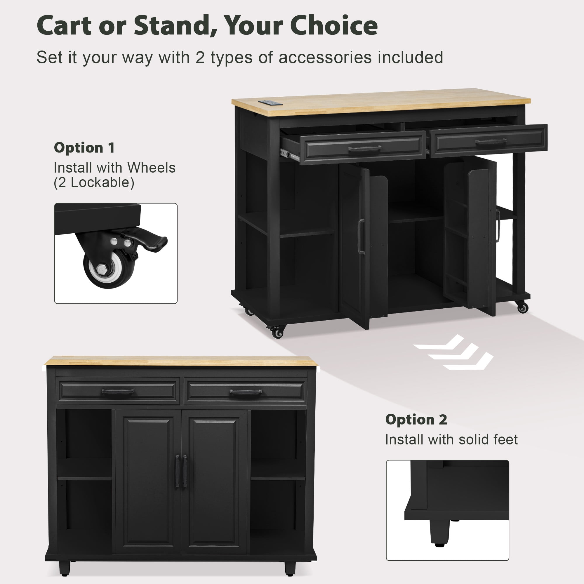 47" Kitchen Island with Extendable Table, Rubber Wood Veneer Kitchen Cart Table with Storage, Power Outlet, Rolling Island Cart For Kitchen, Black