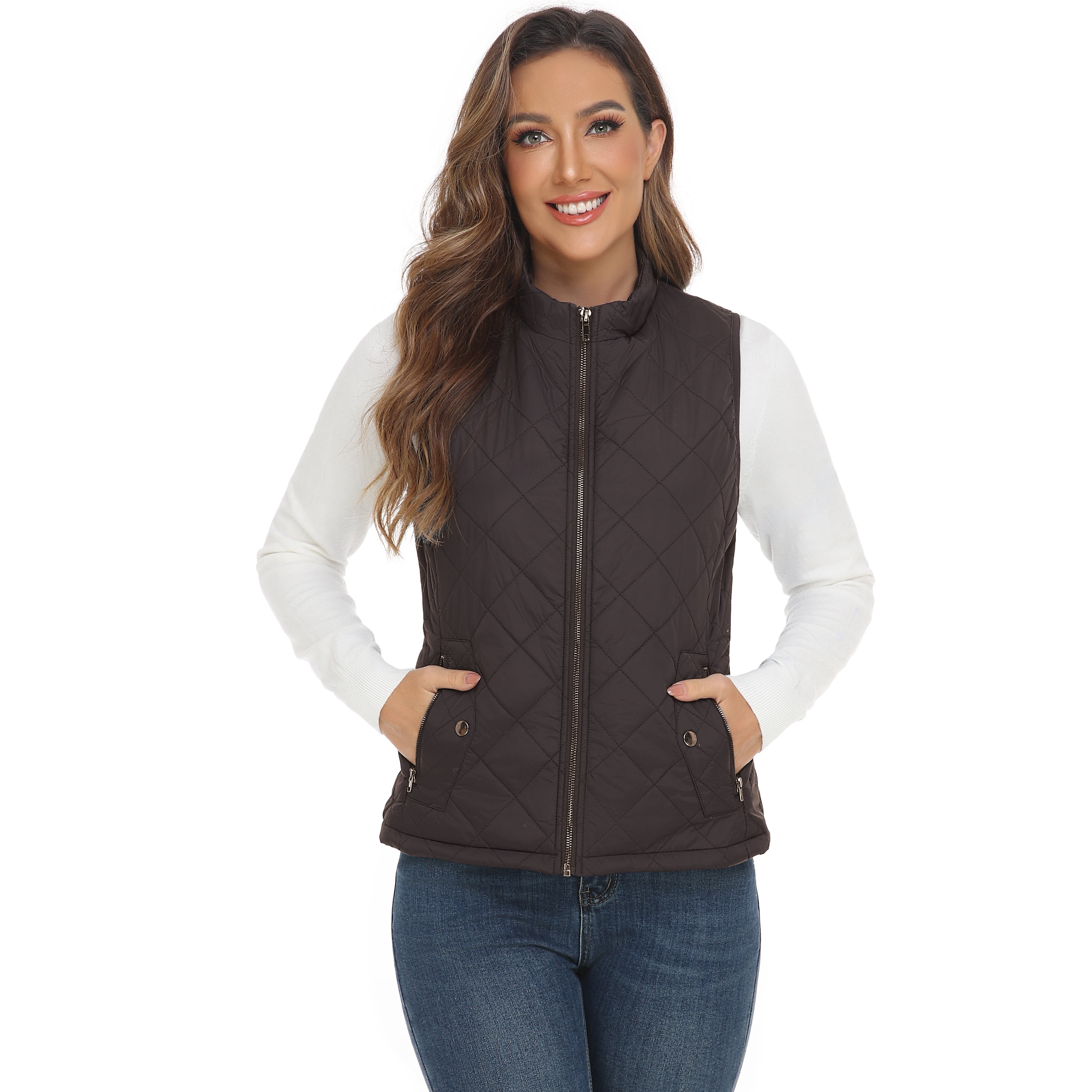 LK women's vest - Stand Collar Lightweight Padded Gilet for Women (Brown-XXL)