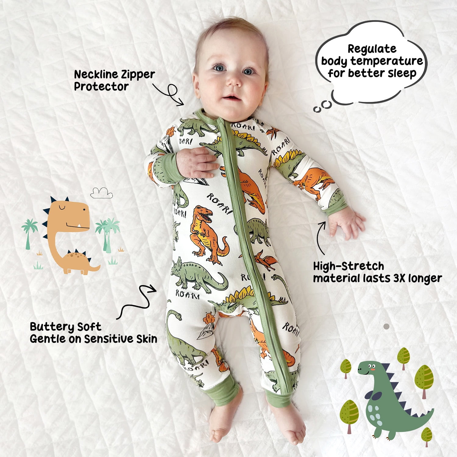 PatPat Baby Boy Clothes Bamboo Viscose Baby Pajamas Zip Snug Fit Dinosaur Newborn Infant Boys Baby Gifts,18-24 Months