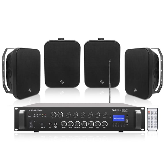 Sound Town Commercial Restaurant Bluetooth Amplifier   Surface-Mount Speaker Set, with One 6-Zone 70V/100V Amplifier with Bluetooth, 4 x 6.5-Inch Surface-Mount Speakers, Black (PAC180X4MS6B)