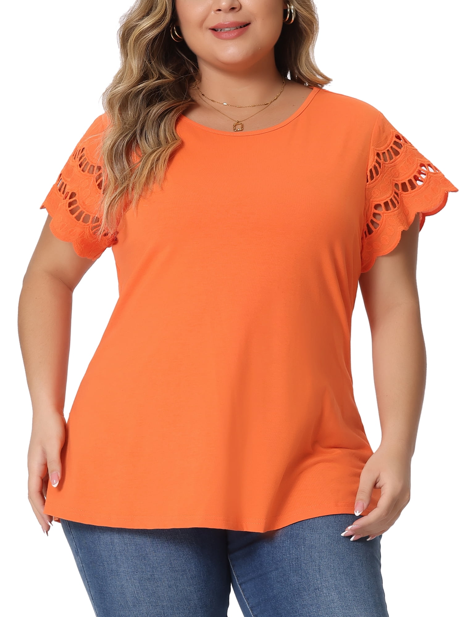 DARING DIVA Women's Plus Size Round Neck Lace Panel Blouses 2X Orange