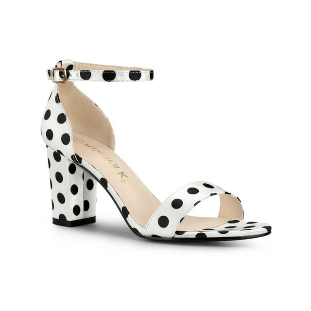 BLISSFUL STEP Women's Shoes Printed Chunky Heels Open Toe Ankle Strap Sandals White 8.5
