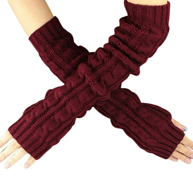 Gants Longs Tricotés Sans Doigts Fleurs de Chanvre Rouges