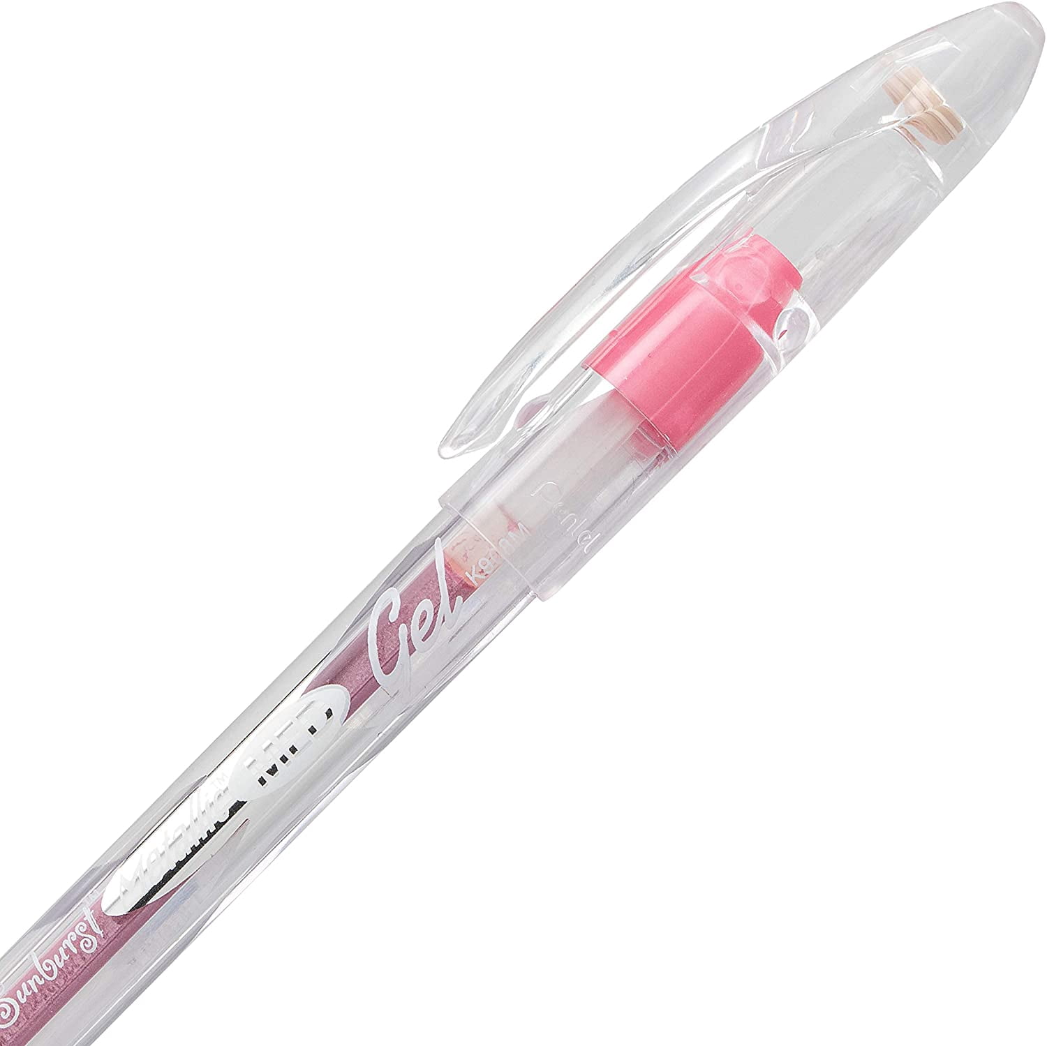 Pentel Sunburst Metallic Gel Pen, 0.8mm Tip Writes 0.4mm Line, Pink/Transparent Barrel Pink Ink, Box of 12 (K908-MP)