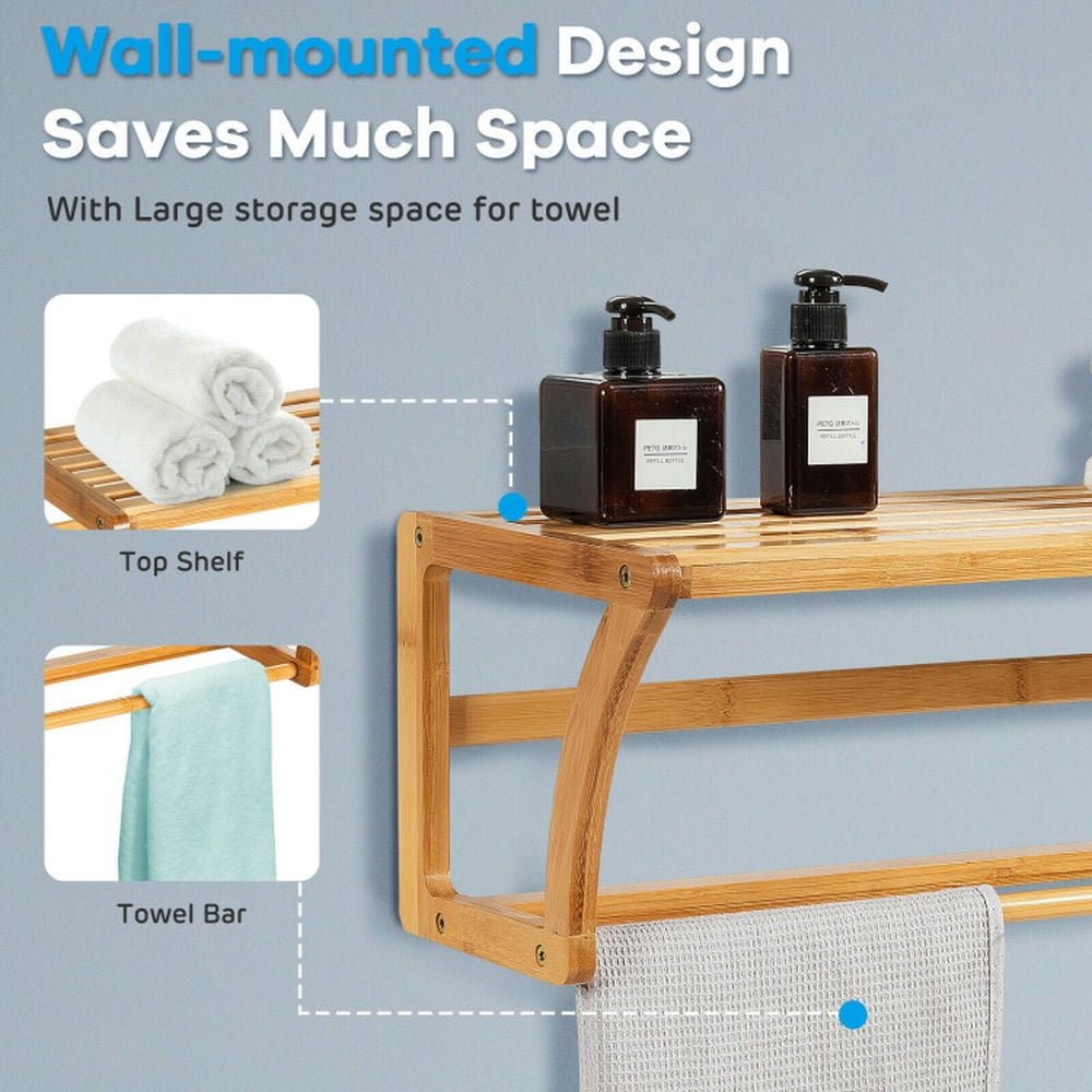 Finihen Wall Mounted Towel Rack, Towel Holder, Bamboo Towel Bar Wall Mounted Storage Towel Rack Bathroom Shelf, for Bathroom, kitchen, Natural