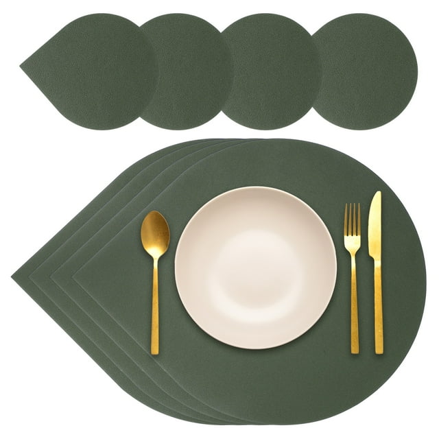 Juego de 4 manteles y posavasos Uxcell, manteles de mesa en forma de gota de cuero PU de doble cara, lavables, resistentes al calor, impermeables y a prueba de aceite para la mesa de cocina (Verde)