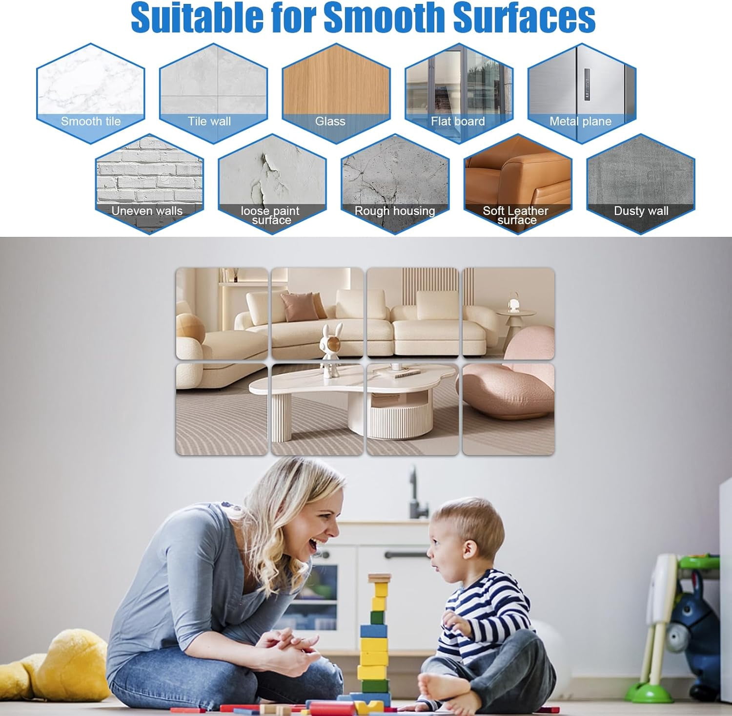 6 Pack Self Adhesive Acrylic Mirror Tiles, 12 x 16 Inch, Flexible Sheets, Frameless Wall Stickers, Non Glass for Bedroom Bathroom Home Decor, 2MM Thick