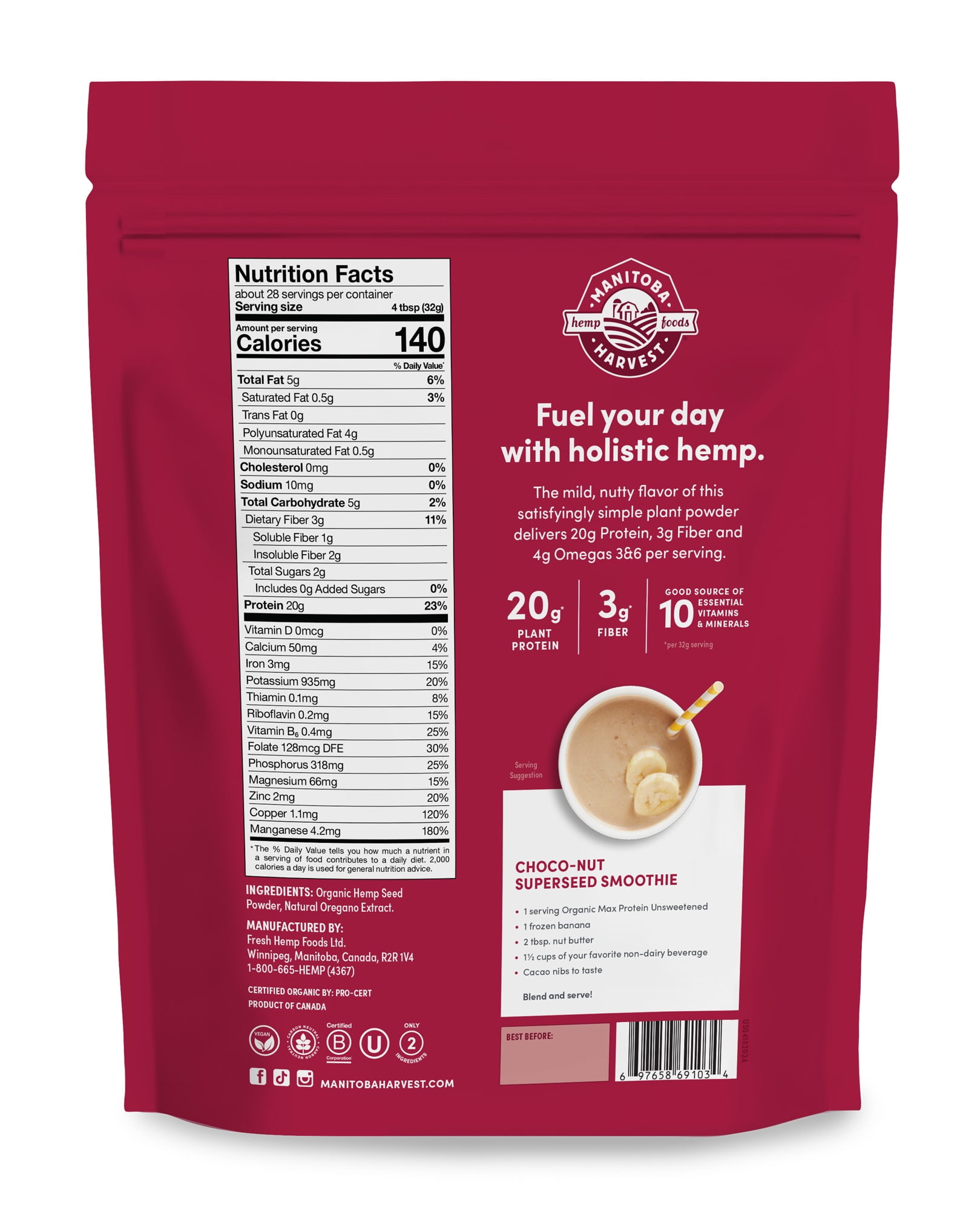 Manitoba Harvest Organic Max Protein Powder, Hemp Protein Powder Unsweetened, 32 oz, 2 lb