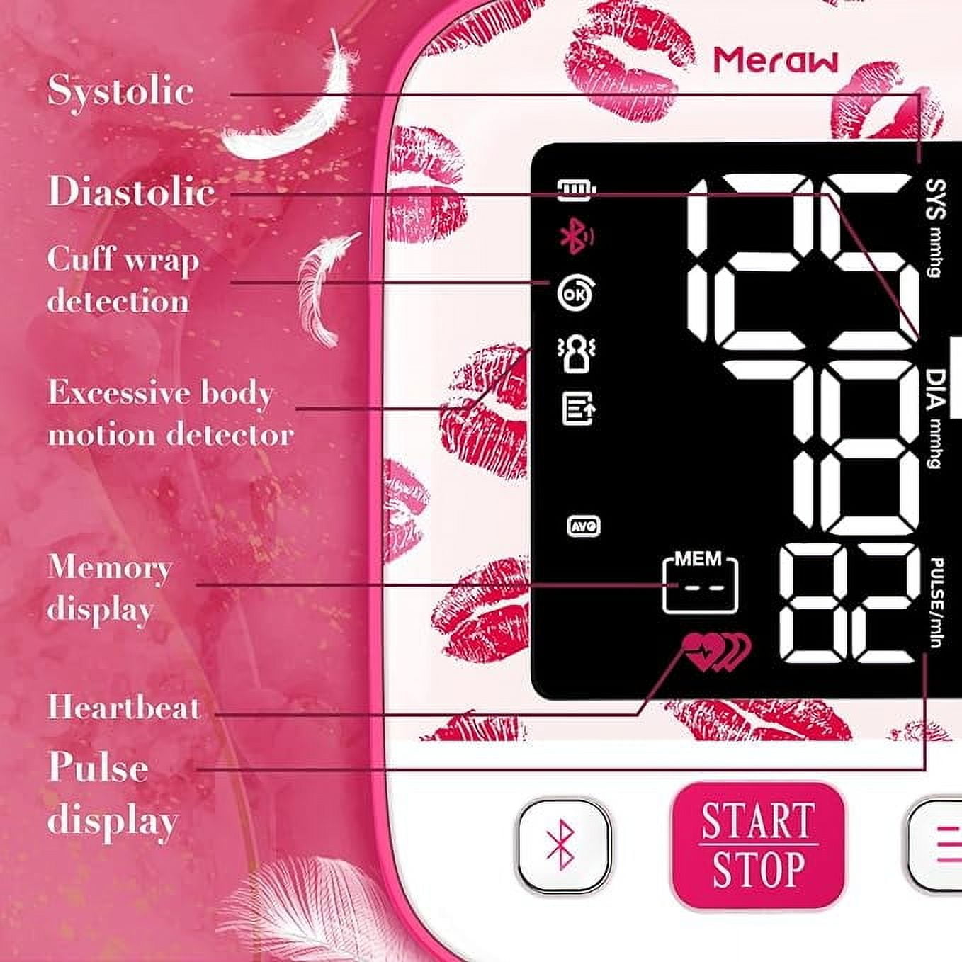 Meraw Cedar Arm Blood Pressure Monitor, Bluetooth App, Automatic Cuff 8.7-16.5", Pink