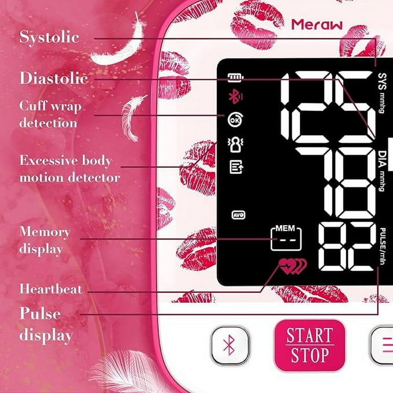 Meraw Digital Arm Blood Pressure Monitor, Automatic Cuff 8.7-16.5", Bluetooth App Tracking, Irregular Heartbeat Monitoring, FSA/HSA Eligible, Pink