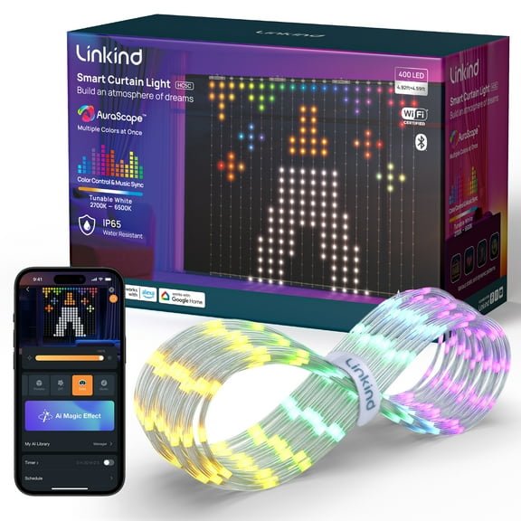 Linkind HC5C Smart Curtain Light, 4.92x4.59ft DIY LED Curtain Light, Color Changing, Music Sync, Patio, Garden Decor, Holiday Lighting