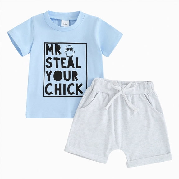 NOLDARES Toddler Baby Boy Summer Outfits Dinosaur Truck Print Round Neck Short Sleeve Tee Elastic Waist Shorts 2 Pieces Clothes(Blue,0-6 M)
