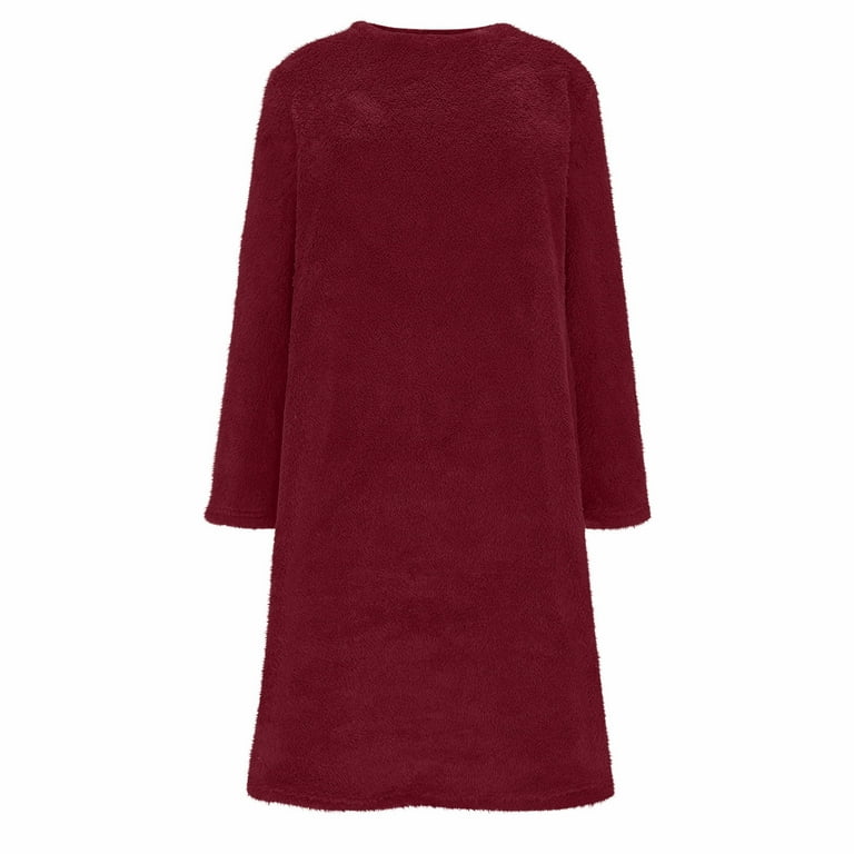 SMihono Fall Dresses for Women Flannel Crew Neck Long Sleeve Casual Loose  Flowy Swing Shift Dress Solid Color Warm Dresses Red S