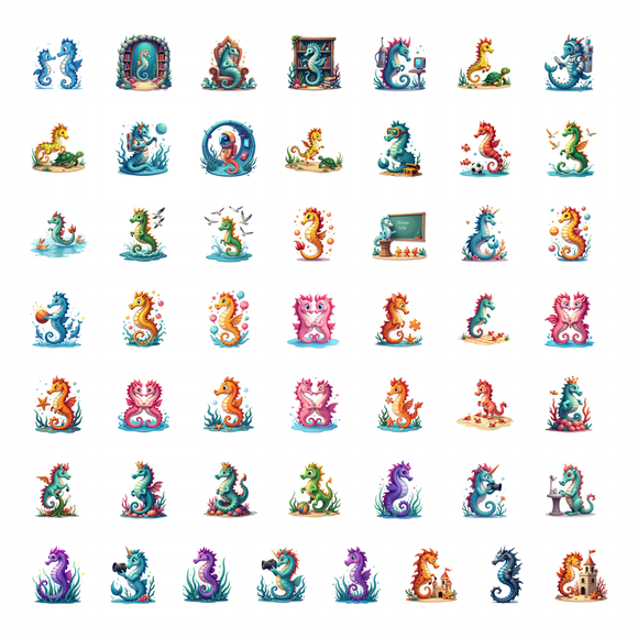 50pcs Cartoon Seahorse Stickers Fantasy Ocean Animal Stickers Basketball Dolphin School Water Laptop Flask Guitar Bike Sticker Set